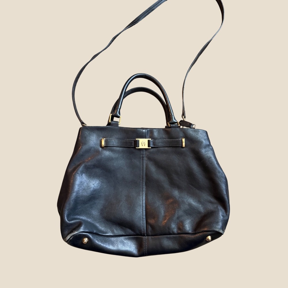 Etienne Aigner Black Leather Satchel Crossbody Bag Gold Hardware 50385